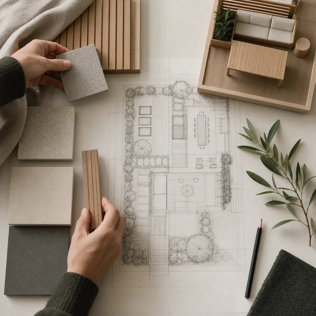 Top-down landscape planning desk with drawings, materials and planting layers