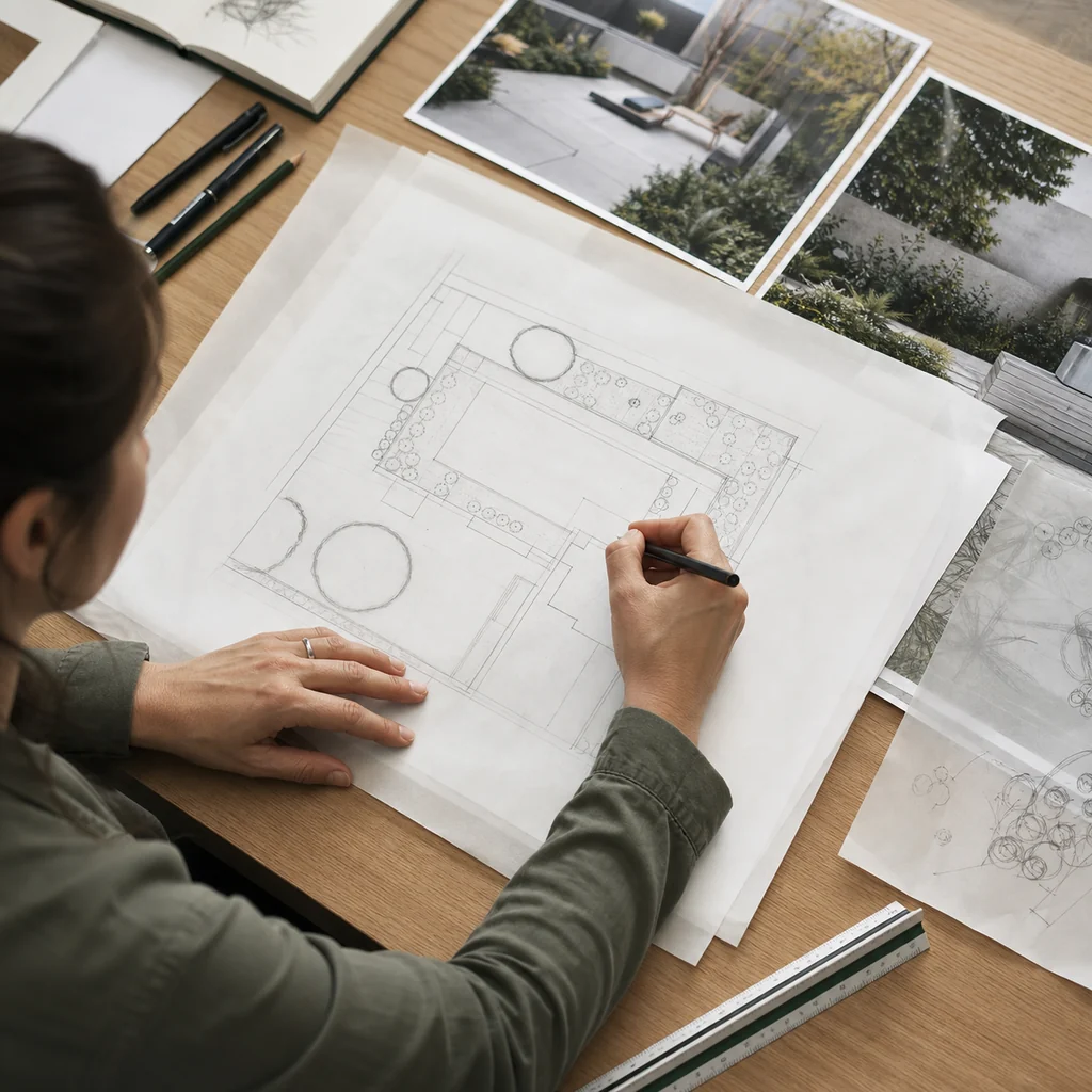 Landscape designer drafting a measured courtyard plan beside site photographs