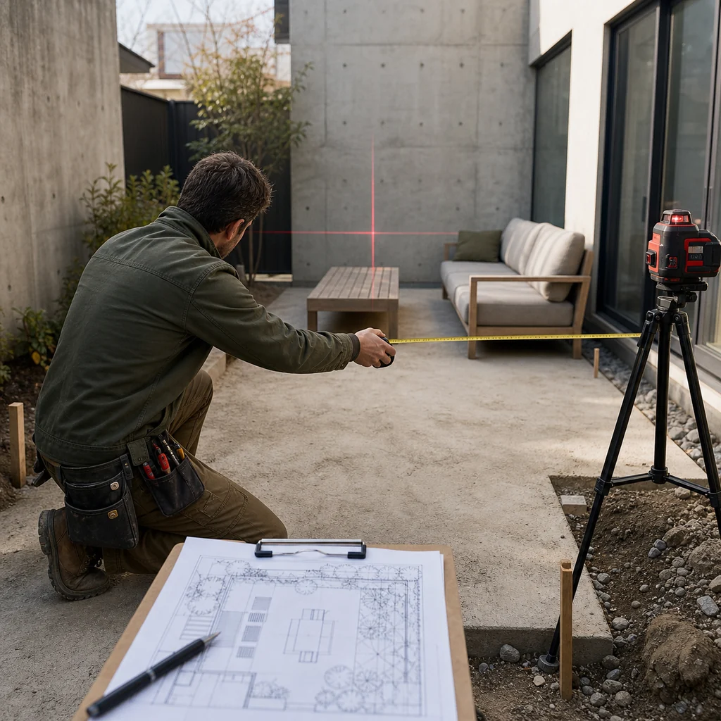 On-site designer measuring courtyard clearances with tape and laser tools
