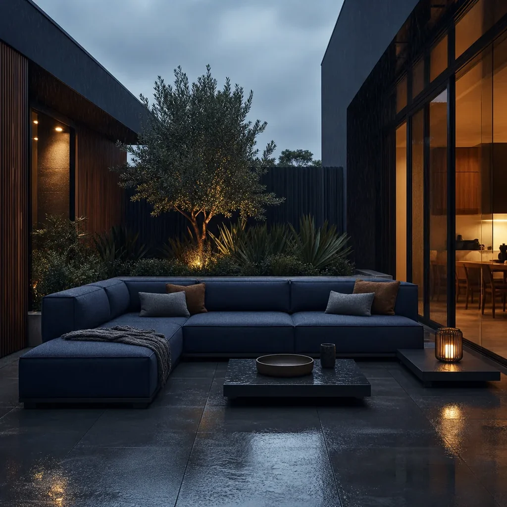 Rain beyond a glass-roofed architectural courtyard with warm evening light
