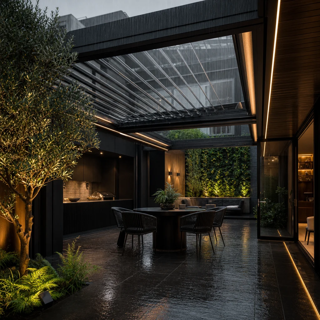 Retractable courtyard roof opening above a rain-ready outdoor dining space