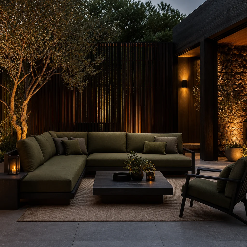 Deep outdoor lounge furniture framed by blackened timber and amber light