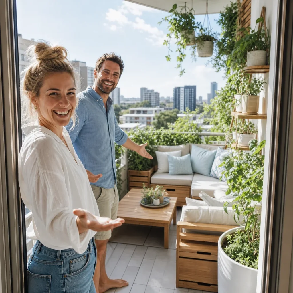Bright planted city balcony set up for a relaxed morning coffee