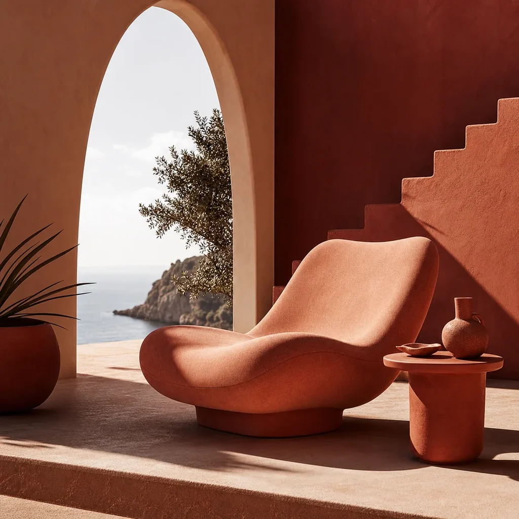 Sculptural terracotta outdoor furniture on a sunlit coastal terrace