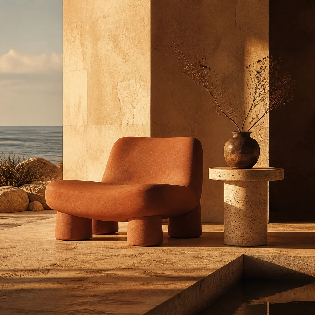 Low terracotta lounge chair crossed by dramatic golden-hour shadows